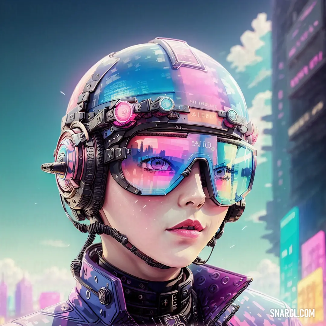 A woman, clad in a futuristic helmet and goggles, surveys a glowing cityscape. The vibrant city lights reflect off her sleek outfit, enhancing her connection to the high-tech world around her. PANTONE 2211 color scheme.