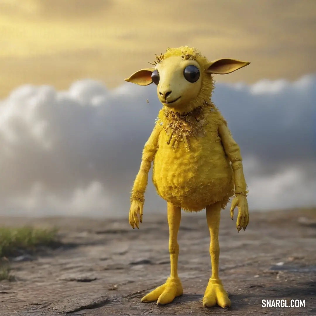 A charming yellow sheep, with its matching yellow nose and legs, grazes peacefully on a dirt road. Fluffy clouds loom above, adding to the idyllic countryside charm. The shades of yellow reflect a vibrant palette of CMYK 62,22,35,2.