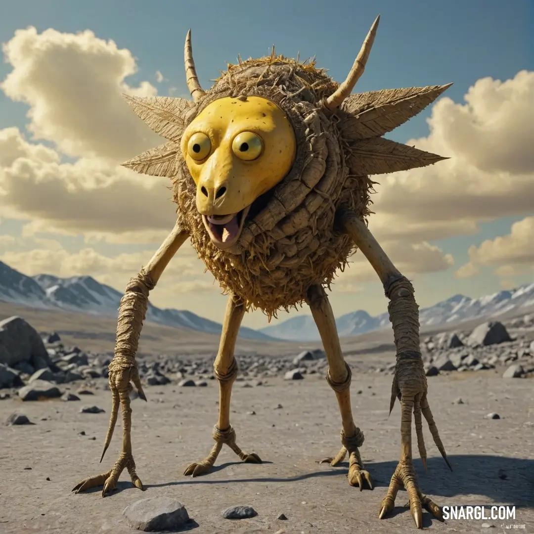 A whimsical creature with an oversized nose and sturdy legs stands in a vast desert, framed by majestic mountains. Its unique appearance showcases vibrant hues reminiscent of PANTONE 2211, creating a playful visual contrast against the arid landscape.