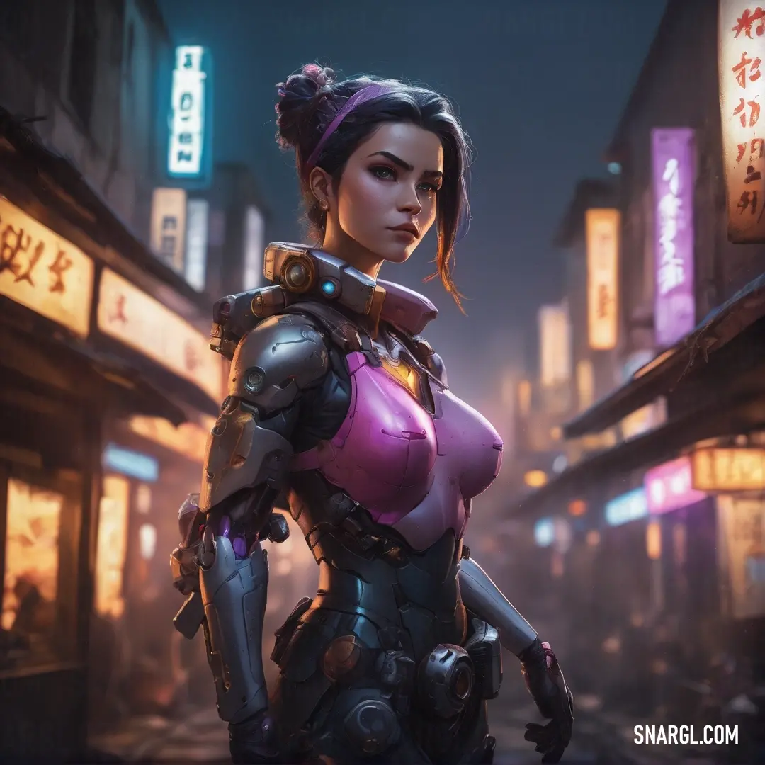 A woman in a cutting-edge suit stands tall in a vibrant city at night, neon lights glowing all around. The scene is charged with energy, and the color PANTONE 2211 adds depth to the scene's electric ambiance.