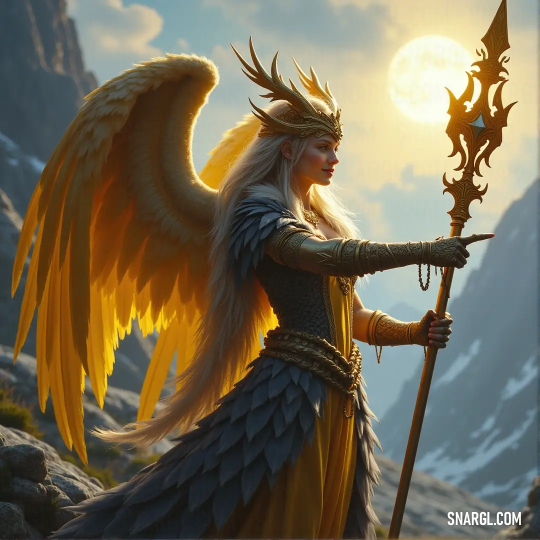 A heroic woman with magnificent wings and a sword holds a staff confidently in a majestic mountain landscape. The sweeping vista combines strength and beauty, making her a beacon of power against nature's grandeur.