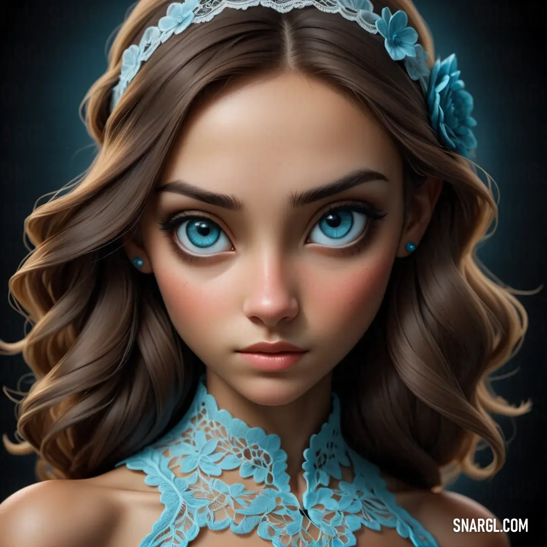Beautiful young woman with blue eyes and a tiara on her head. Example of RGB 50,113,121 color.