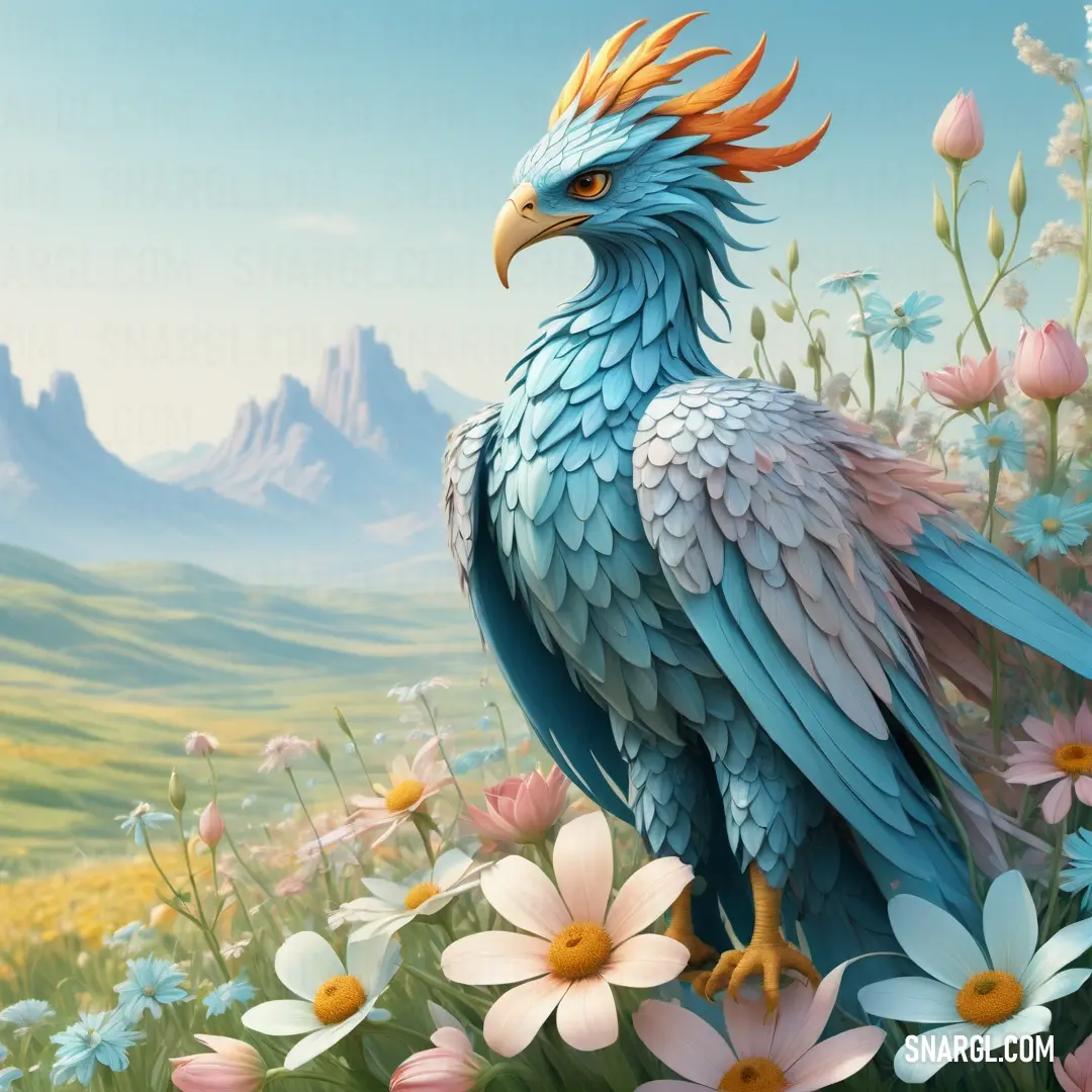 Bird with a blue body and yellow wings standing in a field of flowers and daisies with mountains in the background. Color CMYK 84,34,47,22.