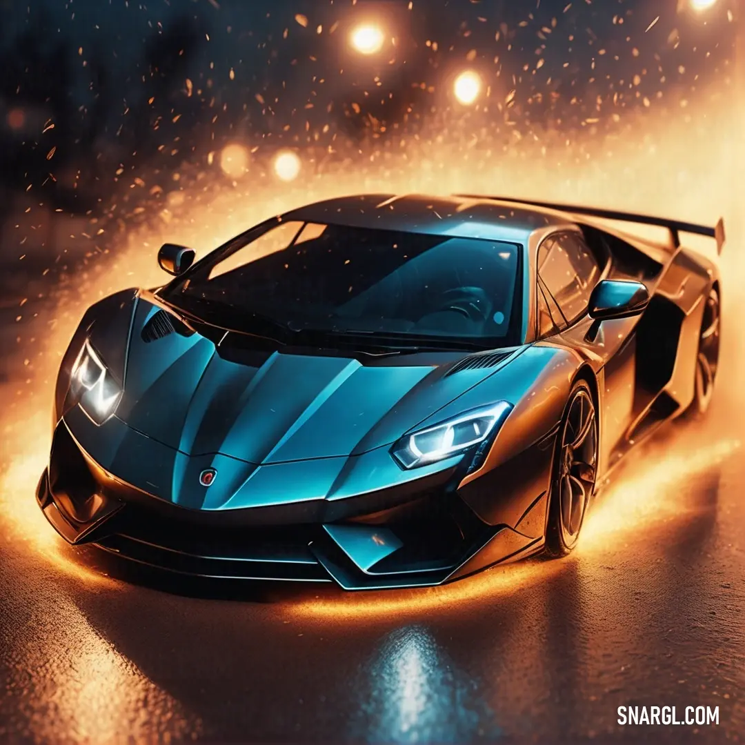 Blue sports car with a hood up on a wet surface with lights in the background and a spotlight. Example of RGB 50,113,121 color.
