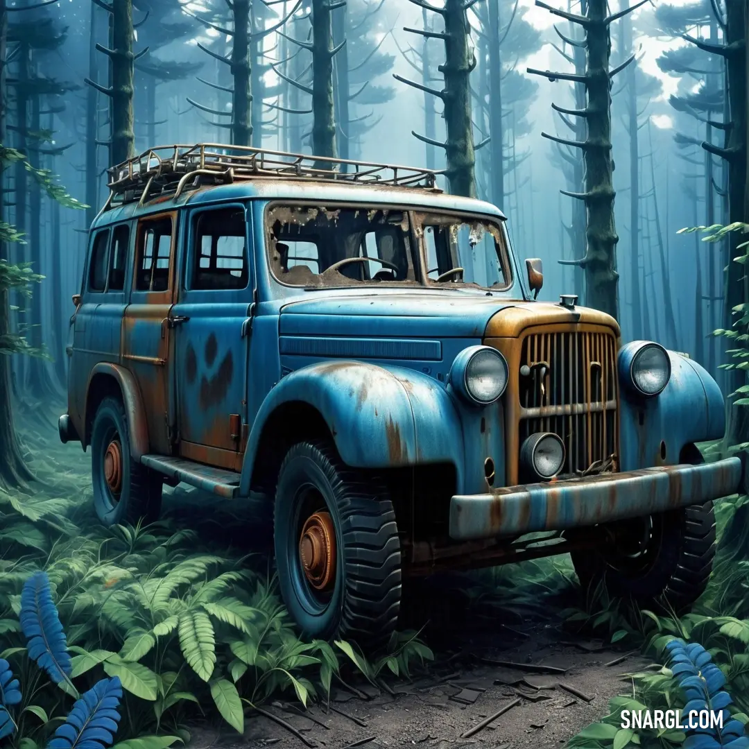 Painting of a blue and brown truck in a forest with trees and plants around it. Example of #327179 color.