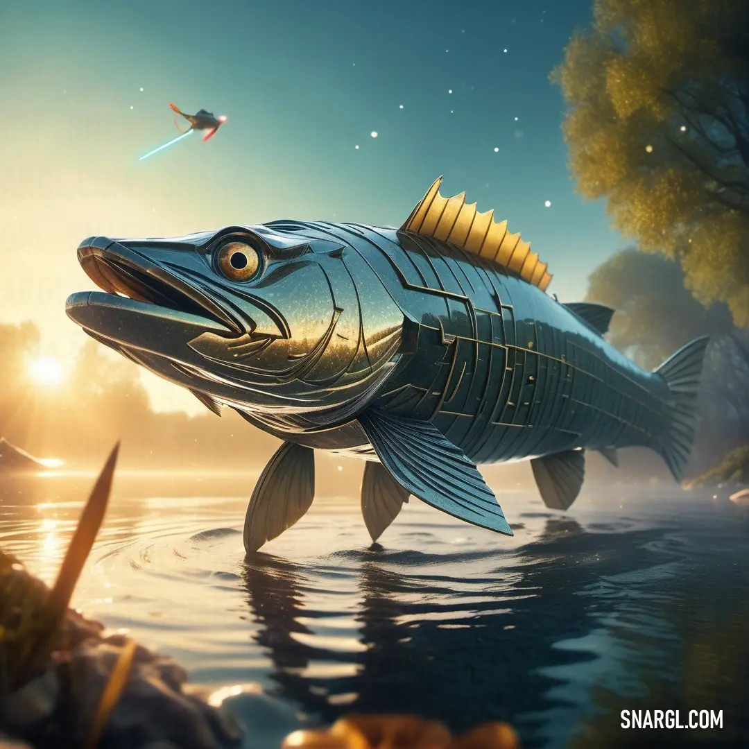 Fish floating on top of a lake next to a forest and a space ship in the sky above. Example of #294F5A color.