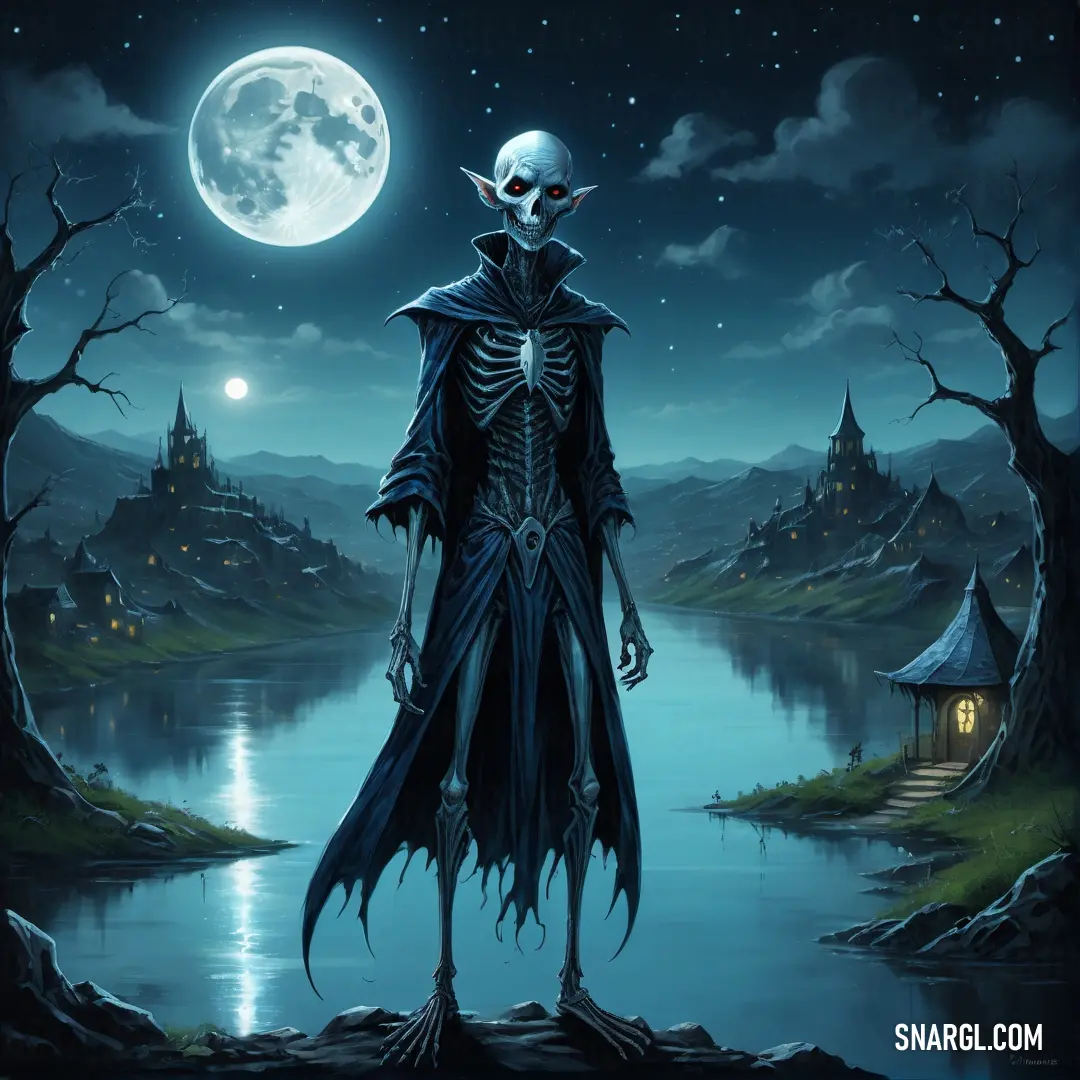 PANTONE 2216 color example: Skeleton standing in front of a lake at night with a full moon in the background and a castle in the distance