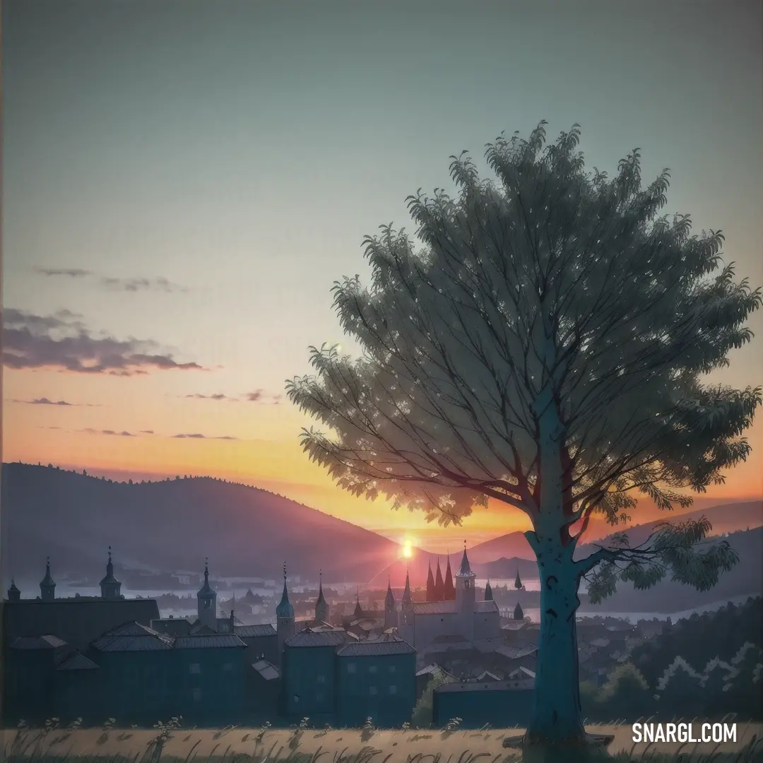 Tree in a field with a sunset in the background and a city in the distance with a mountain in the distance. Example of RGB 41,79,90 color.