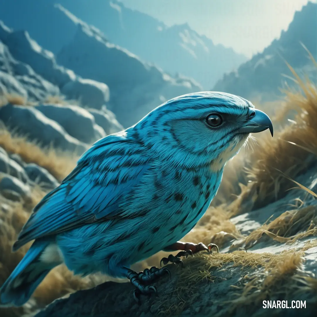 PANTONE 2218 color. Blue bird on a rock in the grass and mountains in the background
