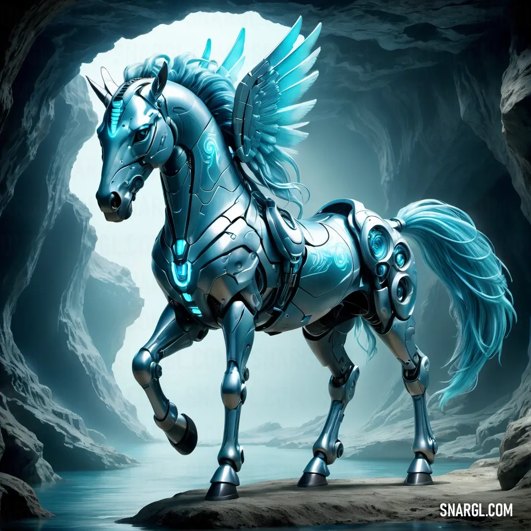 Horse with wings standing in a cave with water and rocks in the background. Color RGB 91,166,177.