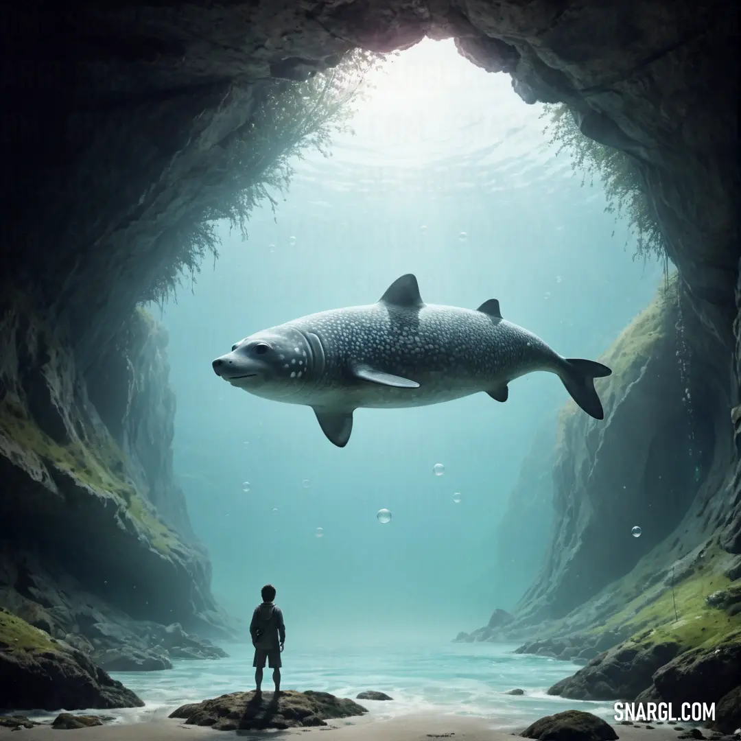 Man standing in a cave looking at a fish in the water below him. Color CMYK 68,10,30,3.