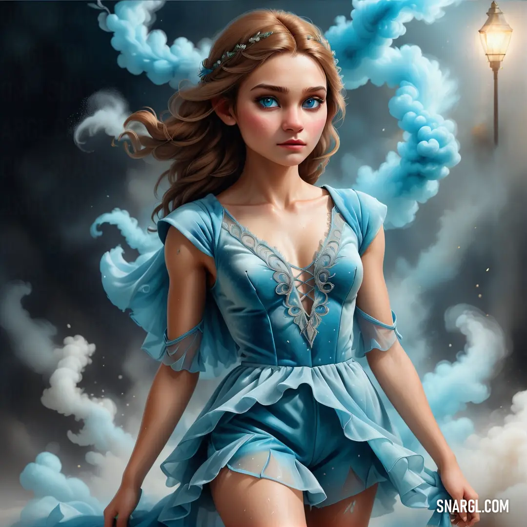Painting of a woman in a blue dress with a lamp post in the background. Example of PANTONE 2219 color.