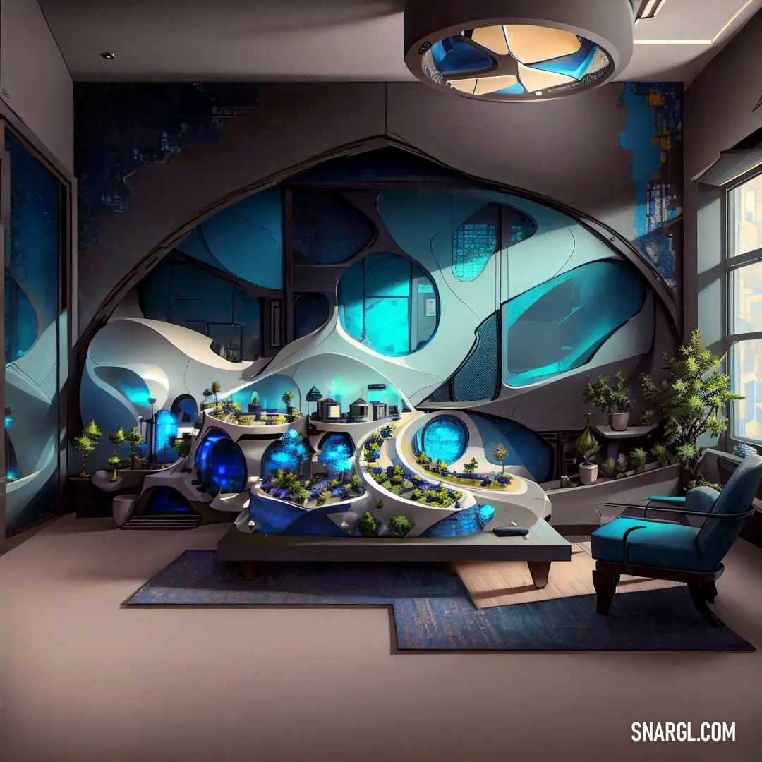 PANTONE 2219 color. Room with a large blue couch and a large window with a view of a futuristic city and a blue chair