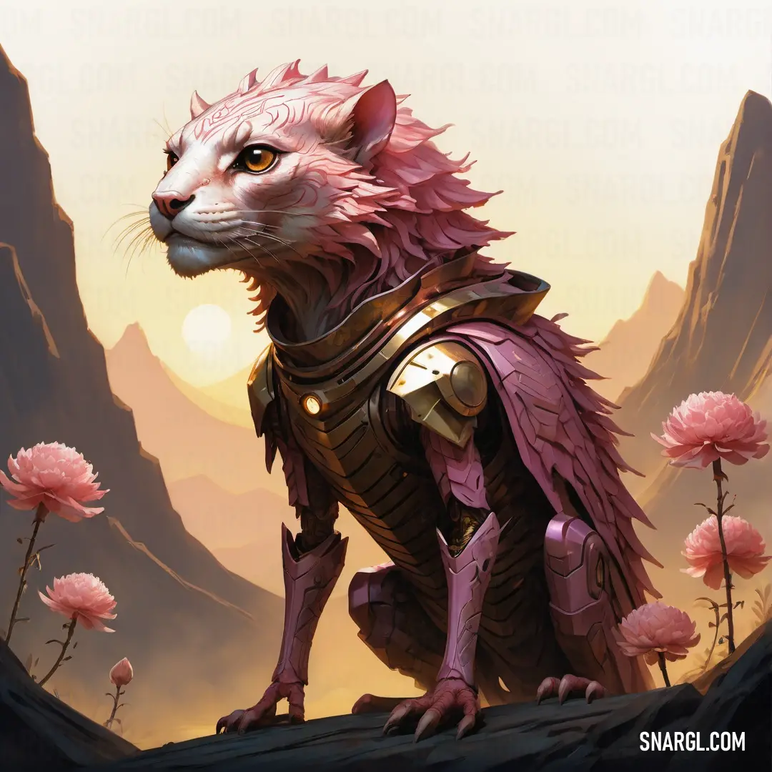 Cat with armor and flowers in the background