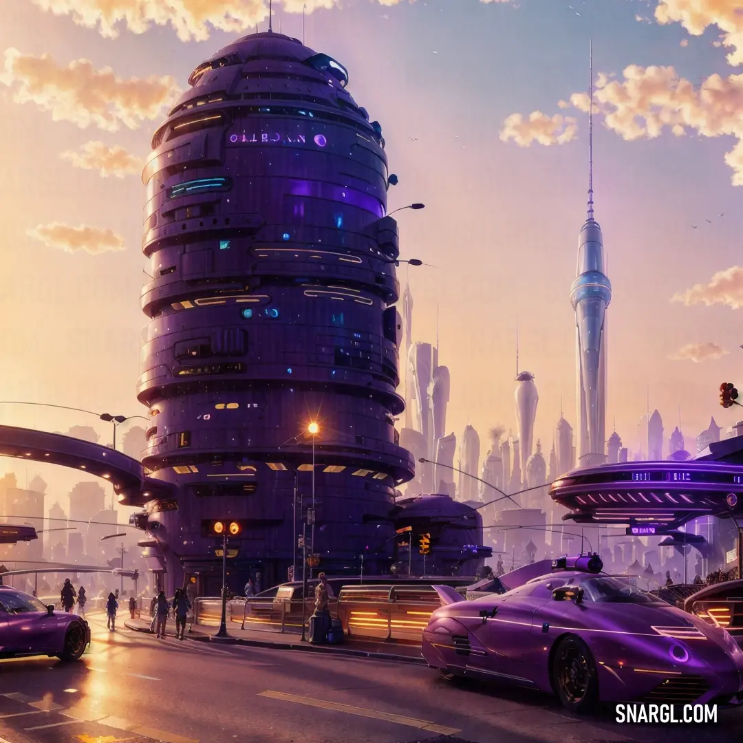Futuristic city with a futuristic futuristic building and cars driving down the street at dusk time with a purple sky