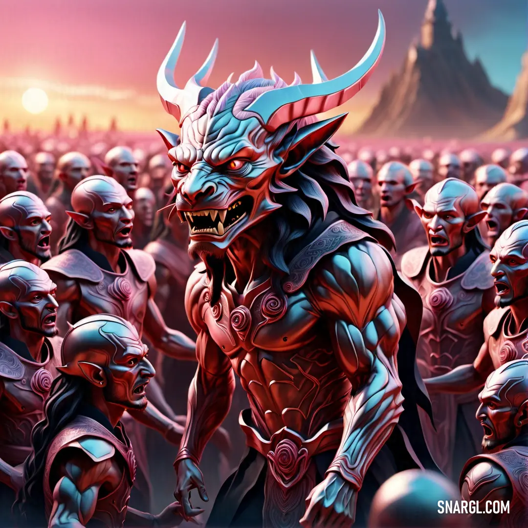 Group of people with horned heads and horns standing in a field of red men with horns