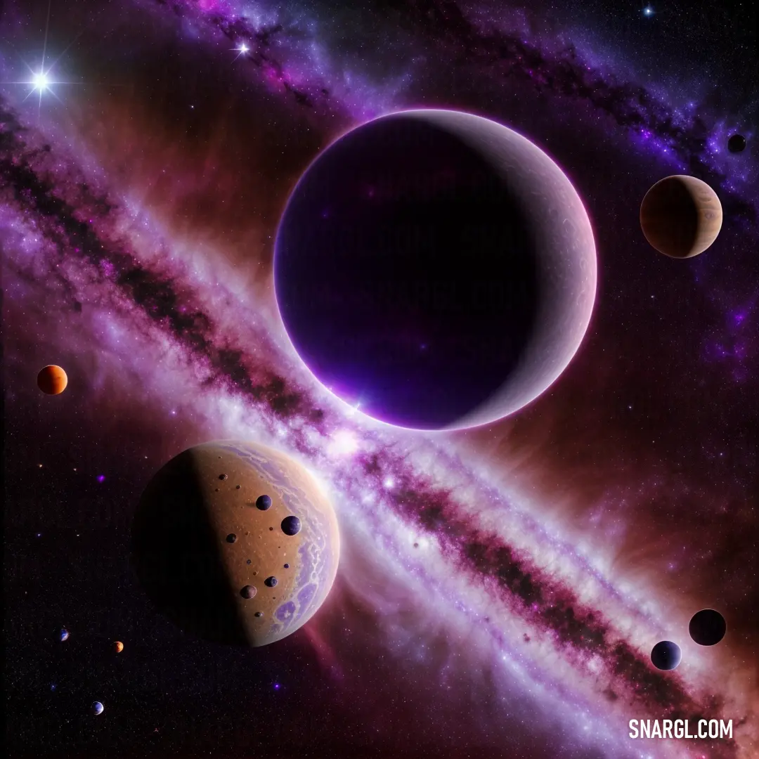 Group of planets in the sky with stars around them and a bright purple background with a purple