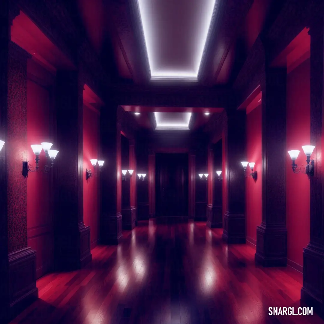 Long hallway with red walls and wooden floors and lights on the ceiling and a wooden floor