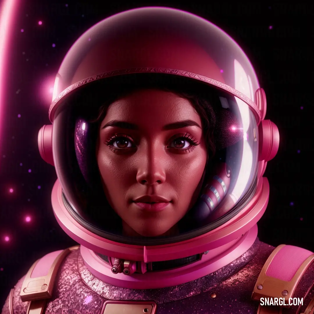 Woman in a space suit with headphones on and a pink light behind her is looking at the camera