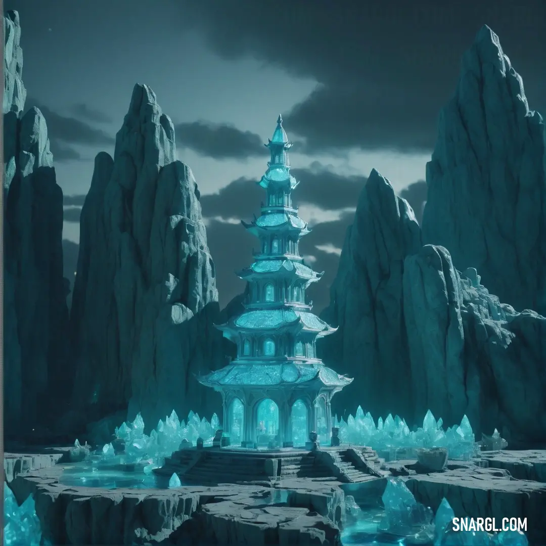PANTONE 2220 color example: Digital painting of a pagoda in a mountainous area with ice formations and mountains in the background