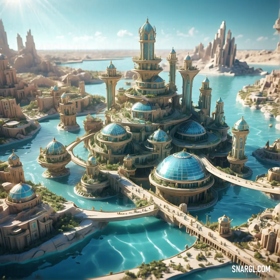 Futuristic city with a large body of water