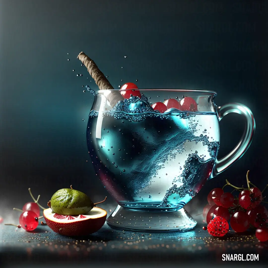 Glass of water with ice and cherries on a table with a spoon and a knife in it. Example of RGB 67,149,162 color.