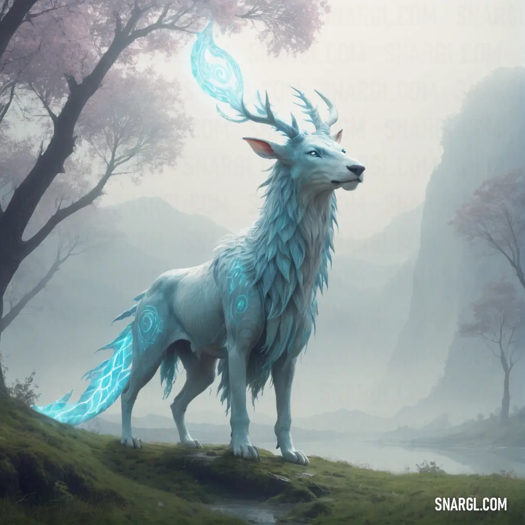 White deer with blue feathers standing on a hill next to a lake and trees in the background. Color #4395A2.