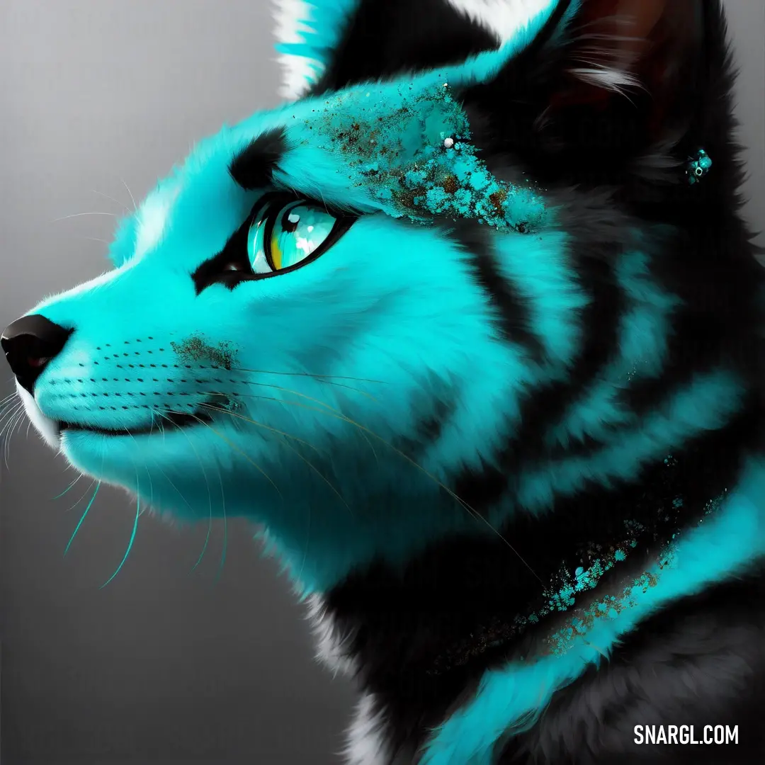 Blue and black cat with green eyes and a black collar with glitter on it's head and a black collar with a blue and white cat on it's face