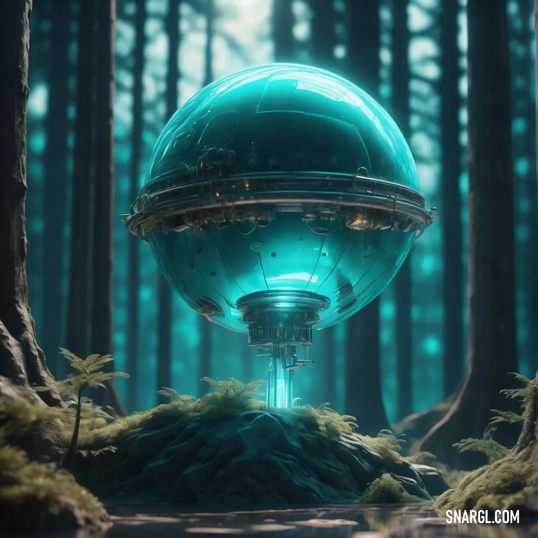Futuristic spaceship in a forest with trees and grass on the ground and a blue light shining on the dome. Example of #178290 color.