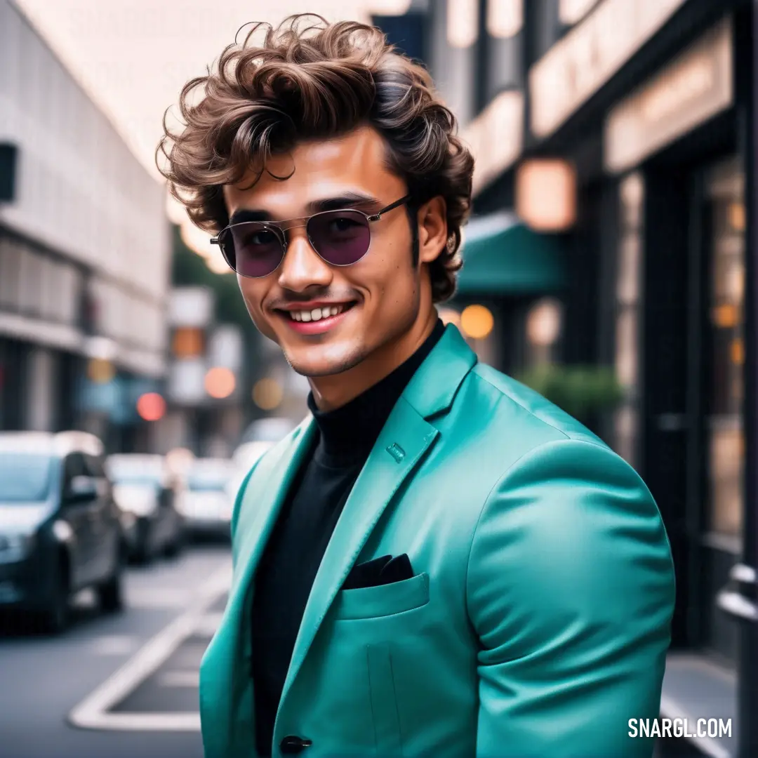 Man in a green suit and sunglasses standing on a street corner smiling at the camera with a city street in the background