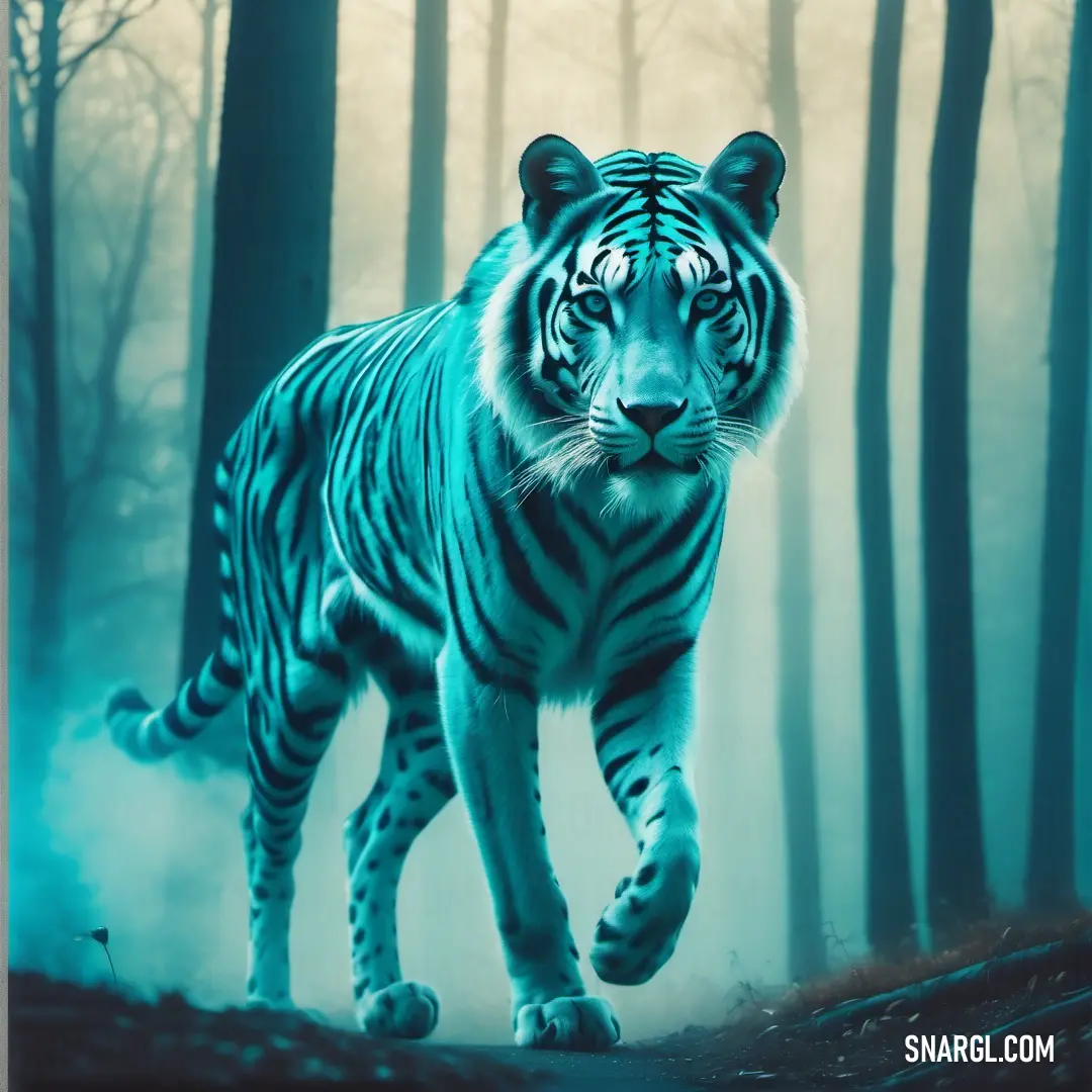 White tiger walking through a forest filled with trees and fogs in the background. Example of PANTONE 2222 color.