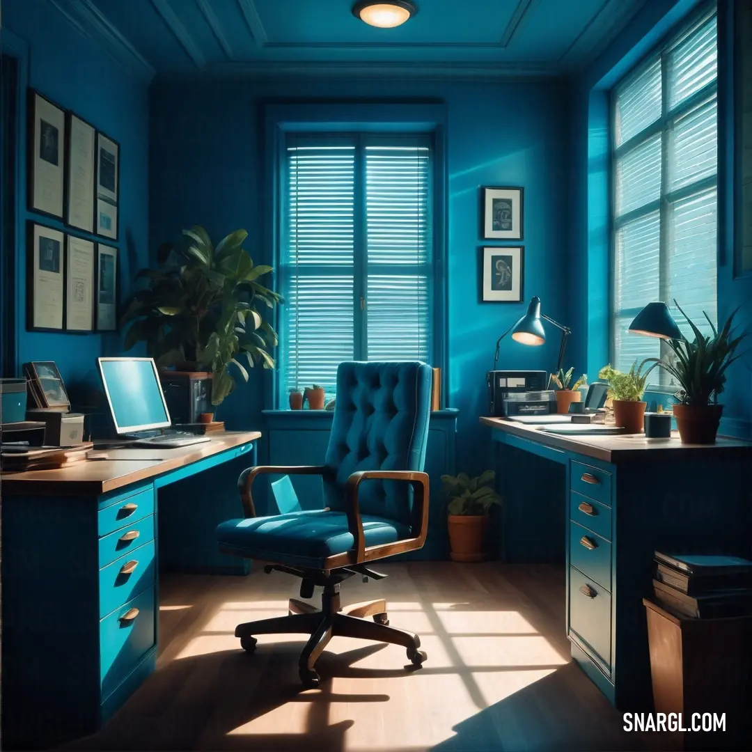 Blue office with a desk and chair in it and a laptop on the desk in front of the window. Example of RGB 0,112,128 color.