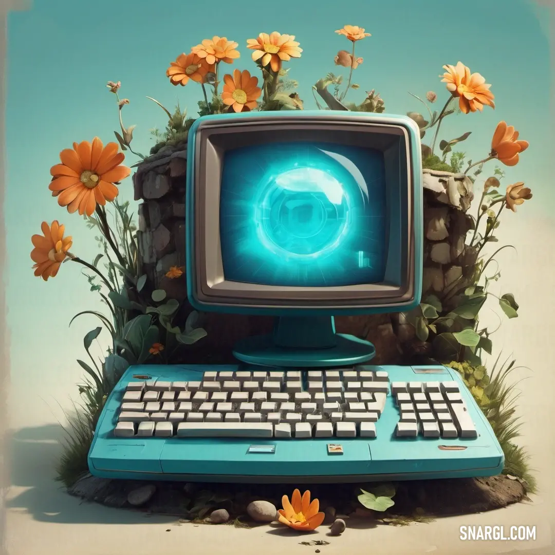 Computer with a blue screen and keyboard on a rock and grass area with flowers and rocks around it. Example of CMYK 91,11,38,40 color.