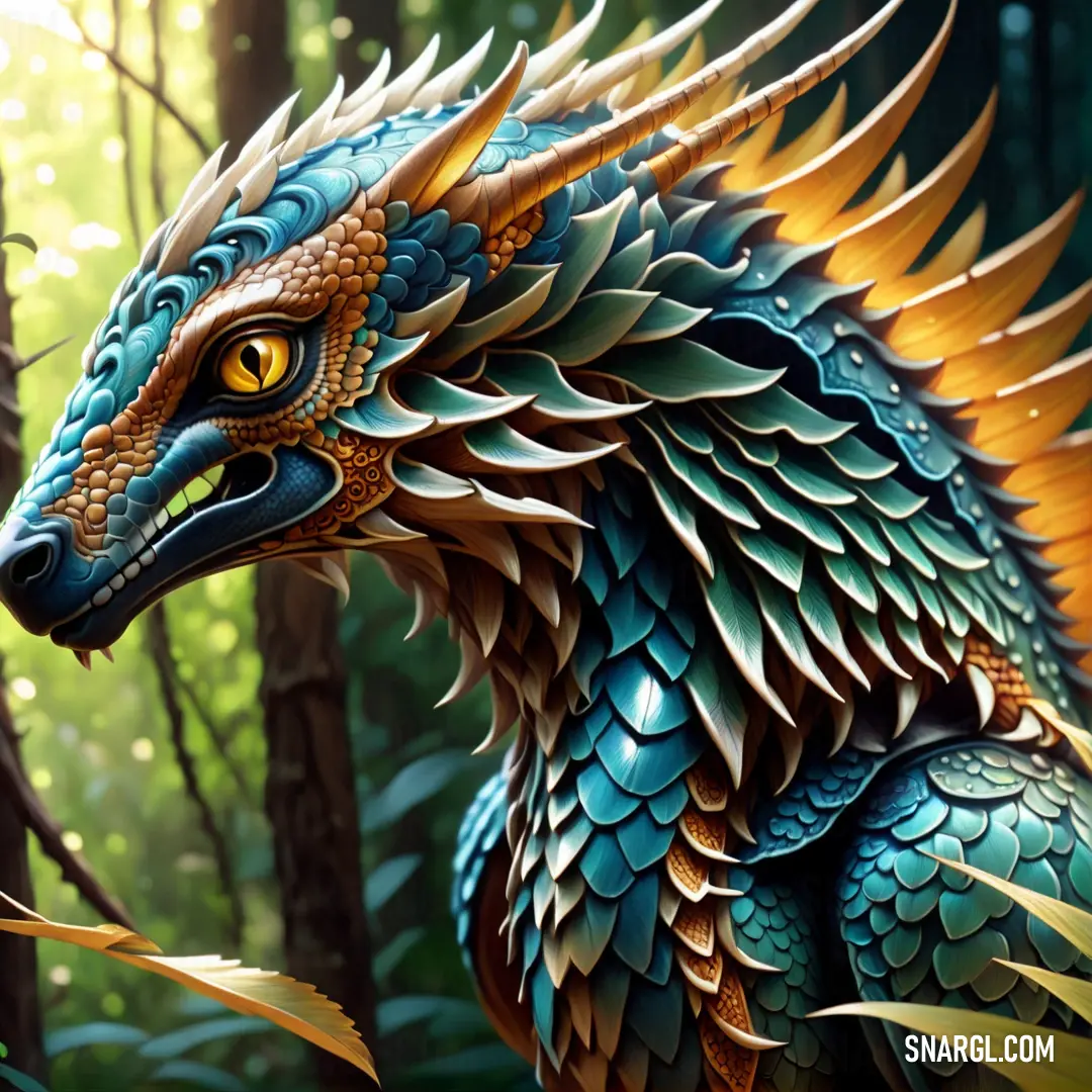 Dragon statue in the woods with a yellow eye and blue wings on it's head and body. Example of CMYK 91,11,38,40 color.