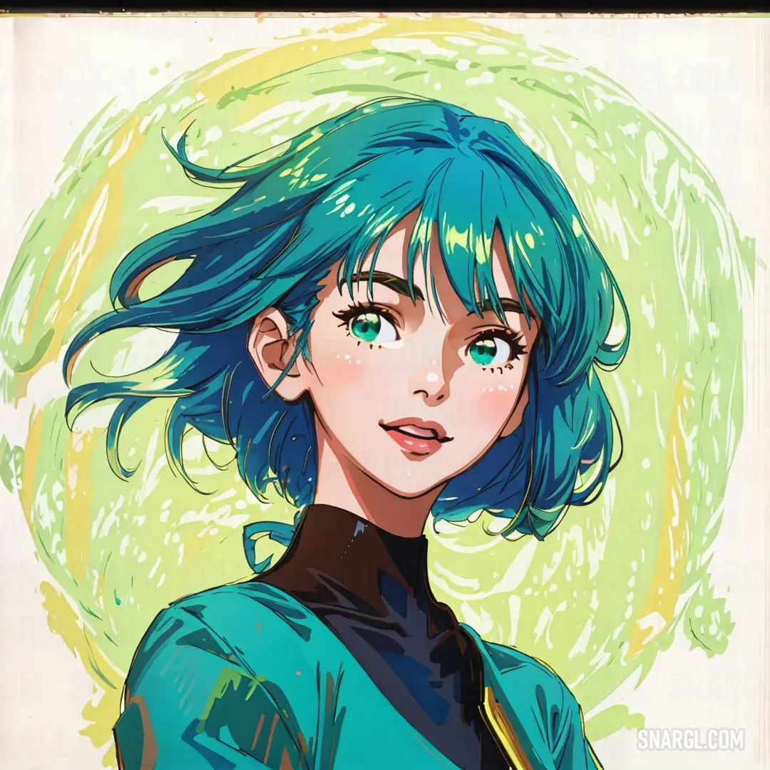 Drawing of a woman with blue hair and green eyes and a green jacket on her shoulders and a green background. Color CMYK 96,0,31,57.