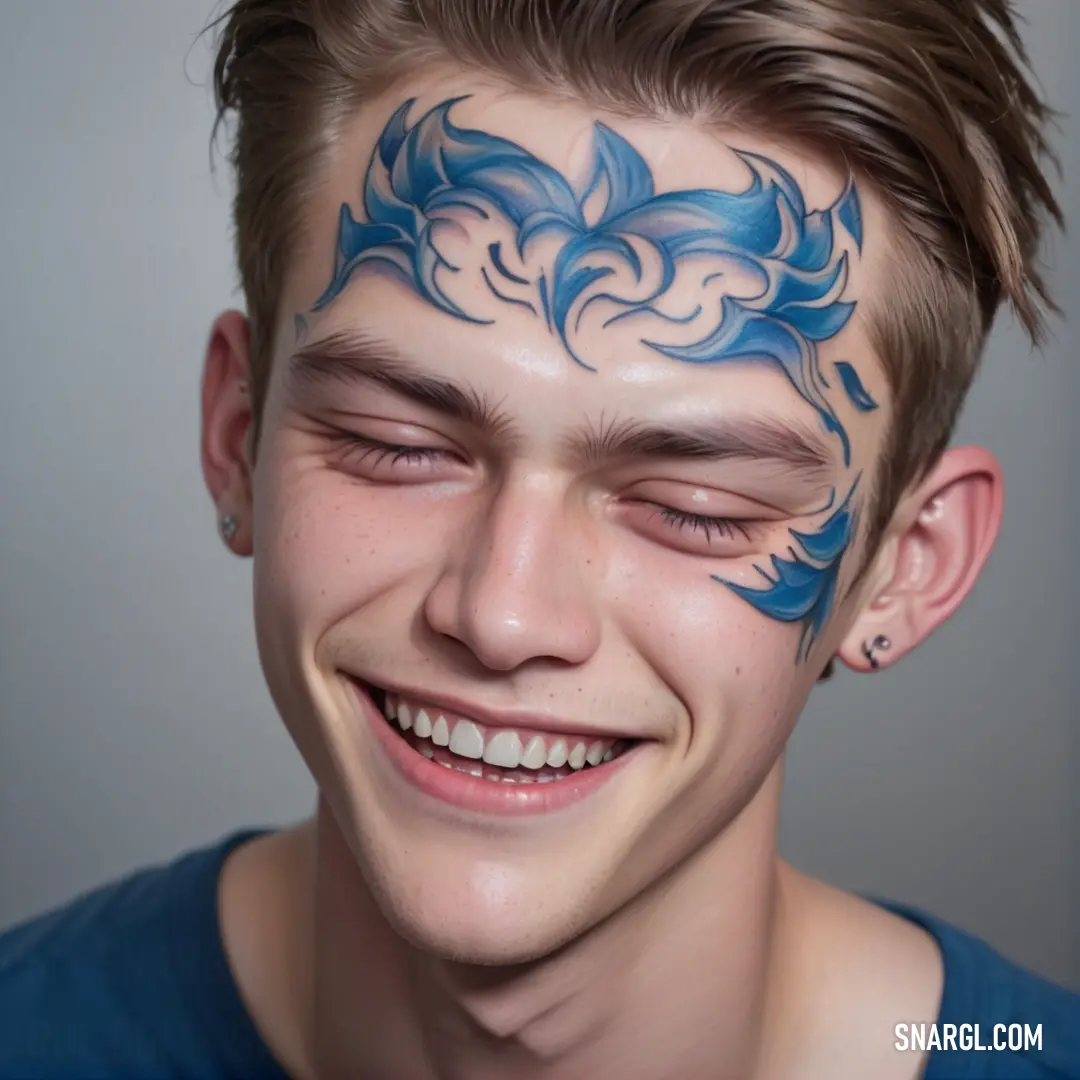 Man with a blue tattoo on his face smiling at the camera with his eyes closed and his eyes closed. Color CMYK 96,0,31,57.