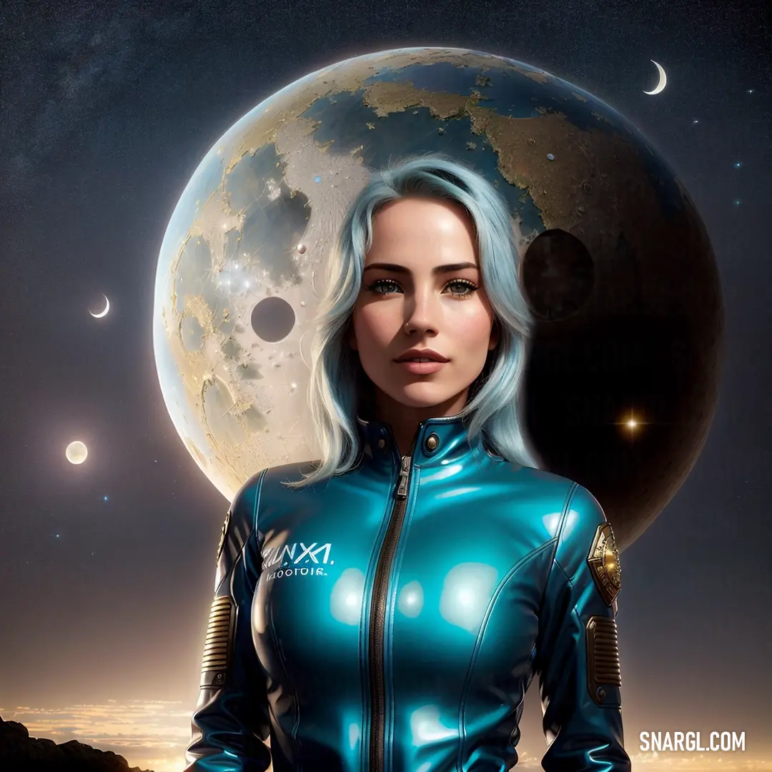 Woman in a blue leather suit standing in front of a moon and planets background. Color PANTONE 2224.