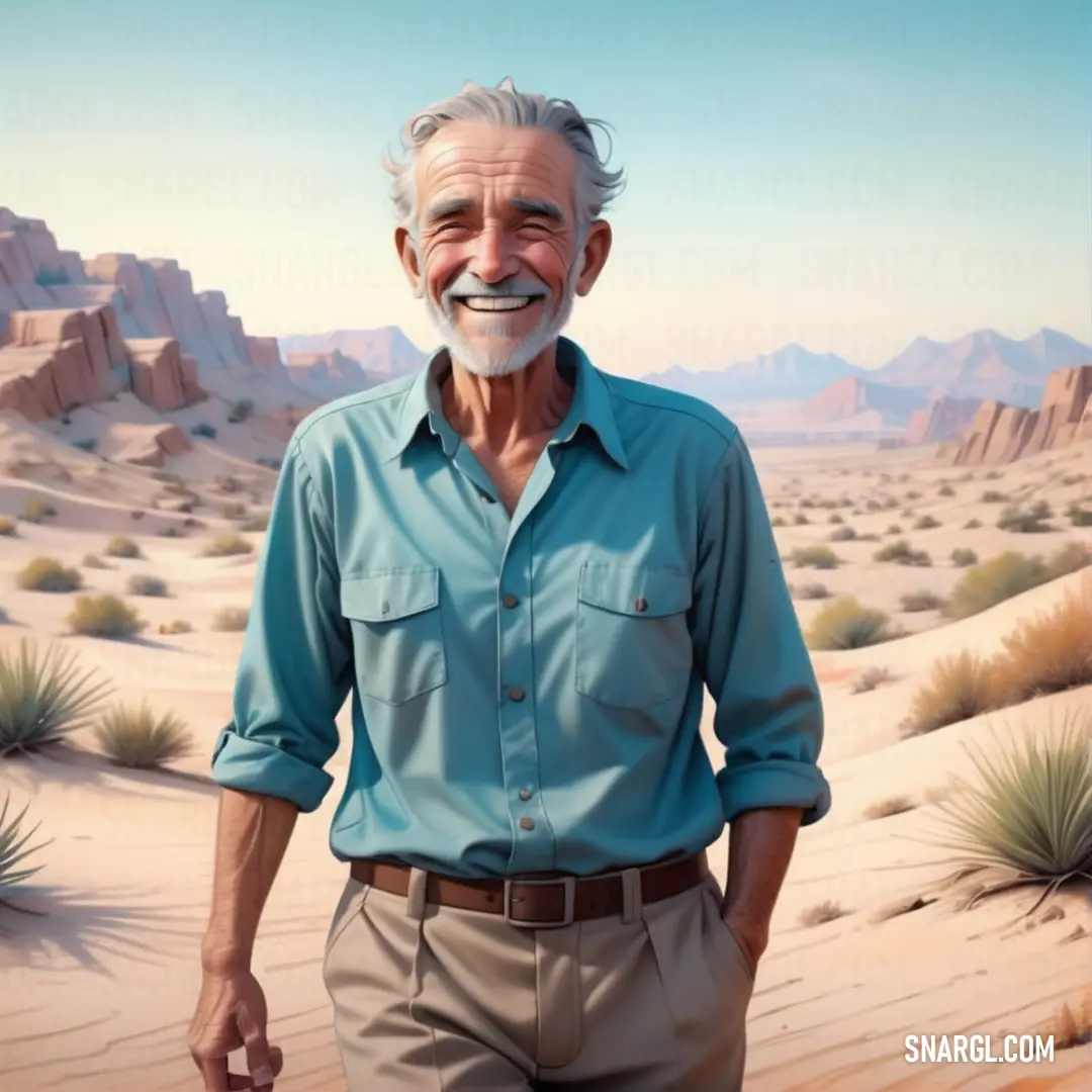 Man with a beard and a mustache standing in the desert with a desert landscape behind him