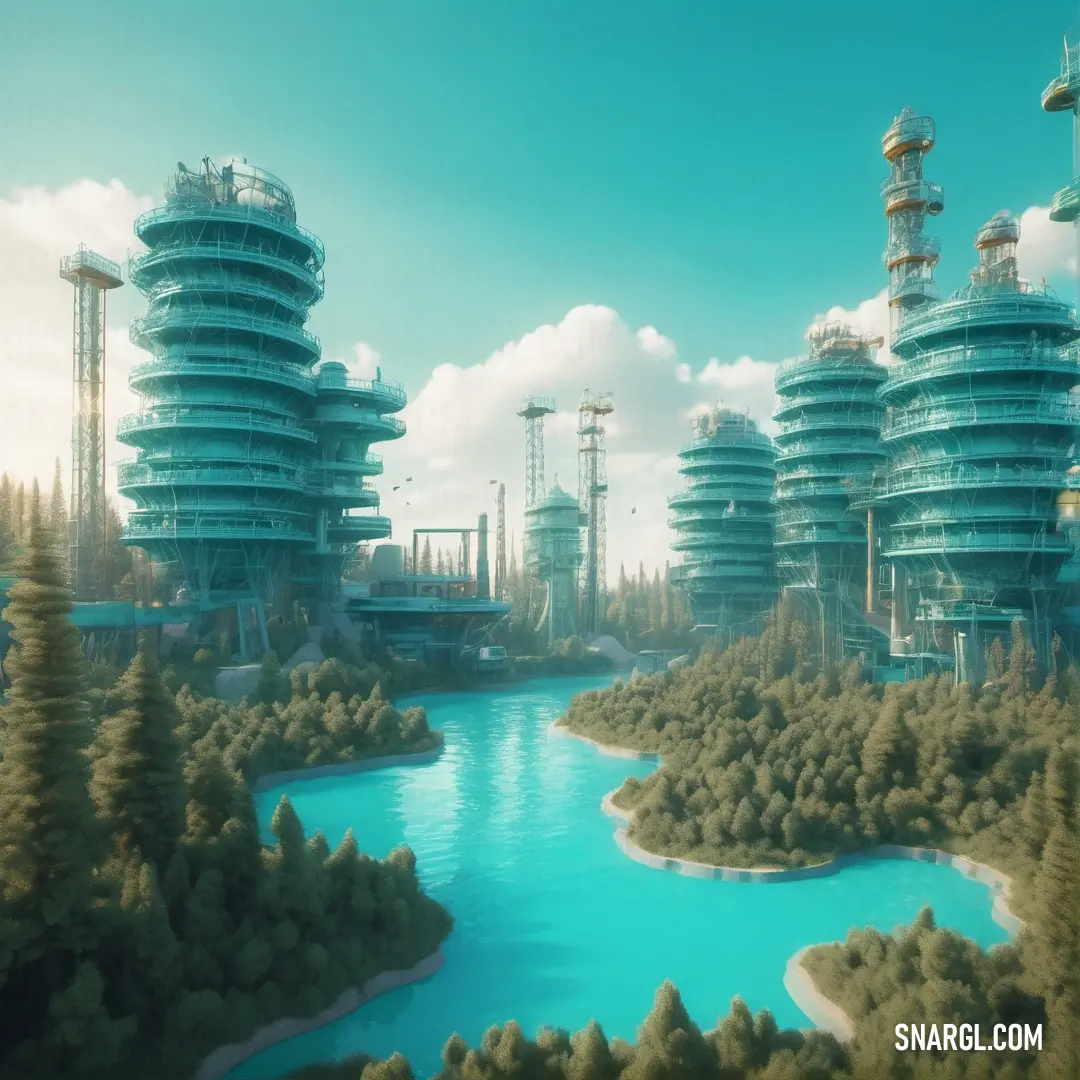Futuristic city with a river and trees in front of it and a lot of tall buildings in the background. Color RGB 105,187,188.