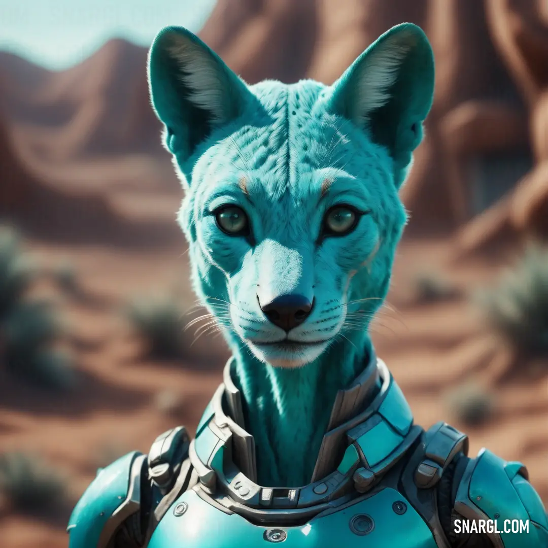 Blue cat with a futuristic look on its face and chest. Example of #009FAC color.