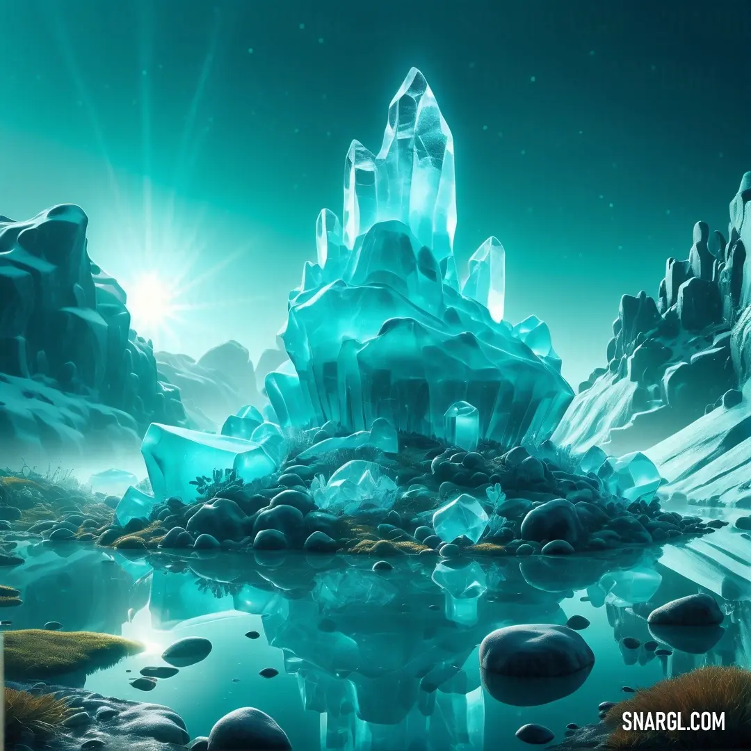 Computer generated image of a frozen mountain and icebergs in a lake of water with rocks and grass. Color PANTONE 2228.