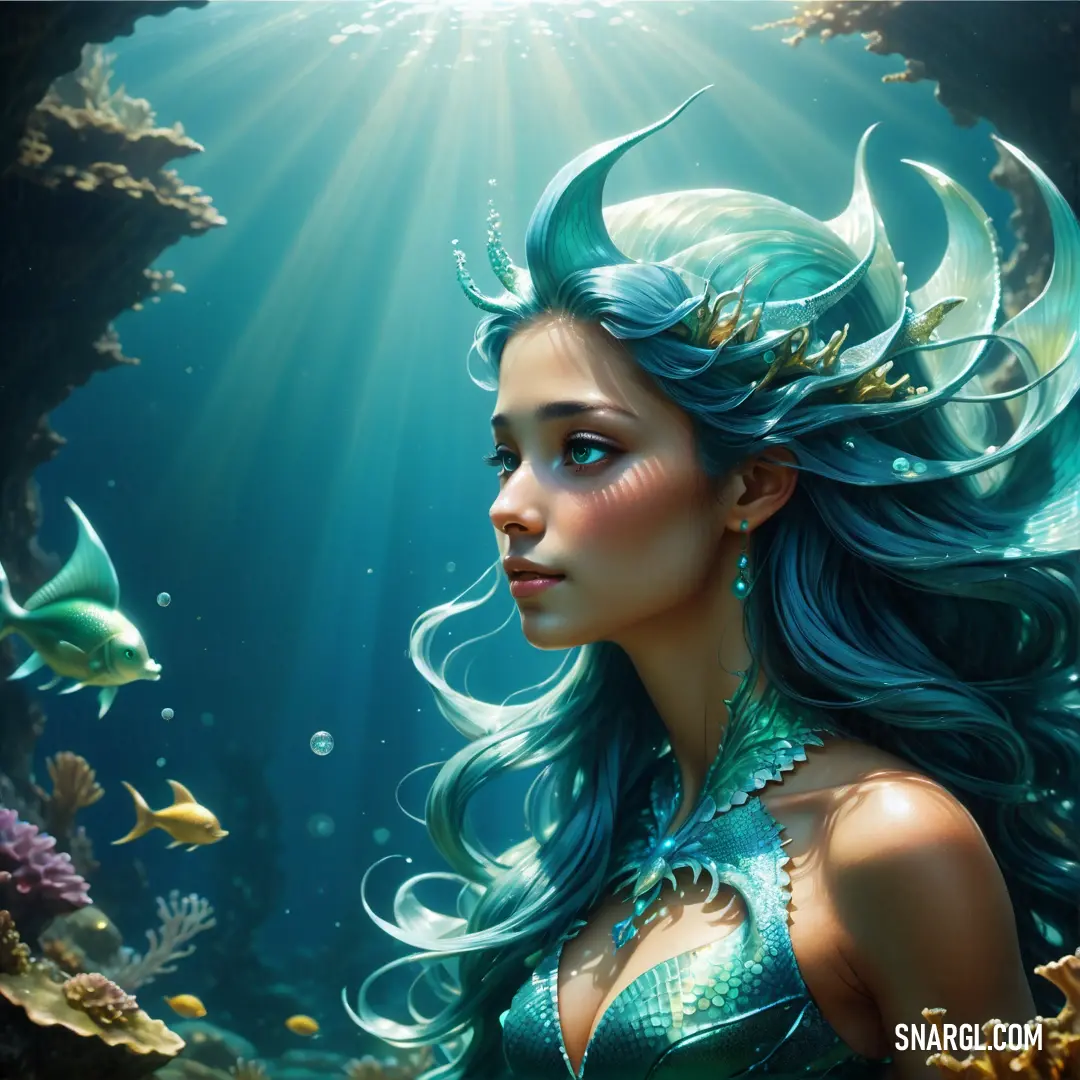 PANTONE 2229 color. Beautiful mermaid with blue hair and a crown on her head is standing in the water with fish around her