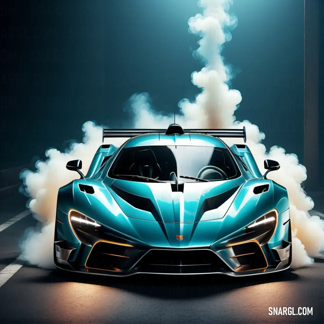 Blue sports car with smoke coming out of it's hood and front end is shown in a dark room. Color RGB 0,155,167.