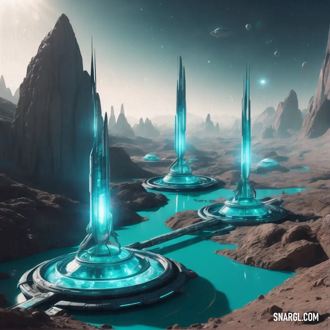 Futuristic landscape with a river and a bridge in the middle of it and a distant planet in the background. Color RGB 0,155,167.
