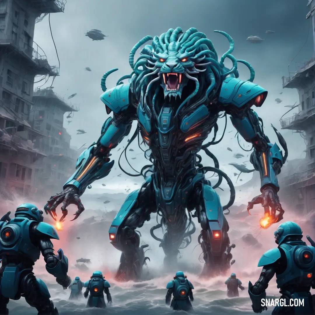 Group of people in futuristic suits and a giant monster with glowing eyes and tentacles in a city with buildings