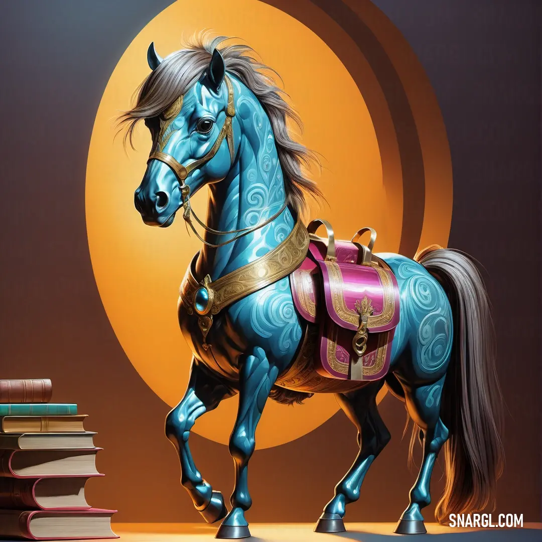 Horse with a saddle standing next to a stack of books and a book case on a table with a yellow background. Color #009BA7.