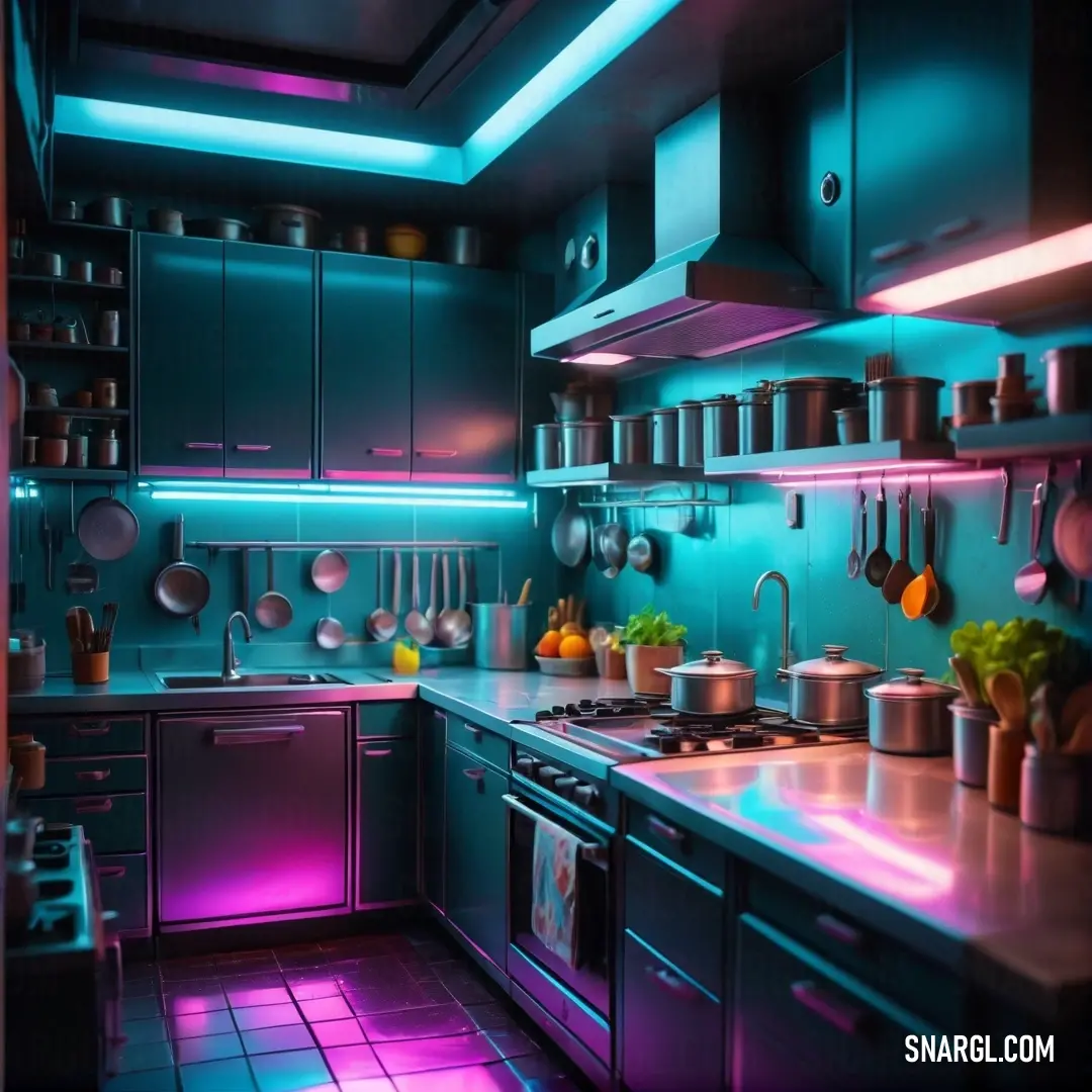 Kitchen with a lot of pots and pans on the wall and a lot of lights on the floor. Color #009BA7.