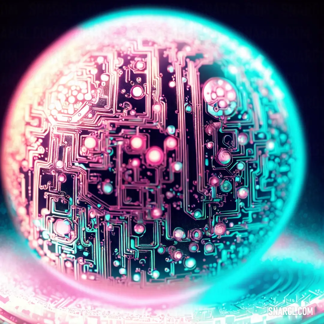 Close up of a computer chip in a glass ball with a blue light shining on it's surface