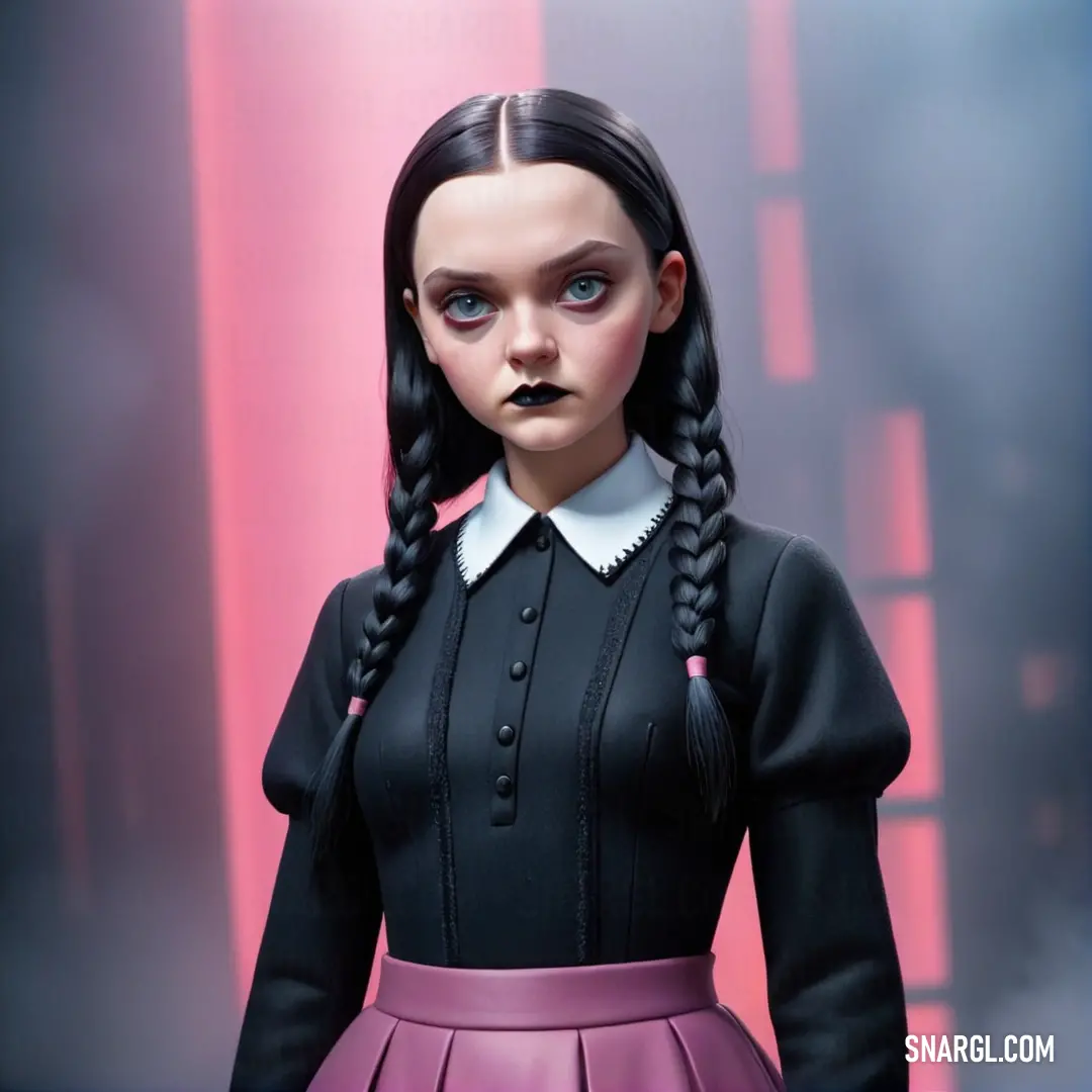 Doll with a long black hair and a pink skirt is standing in front of a pink background