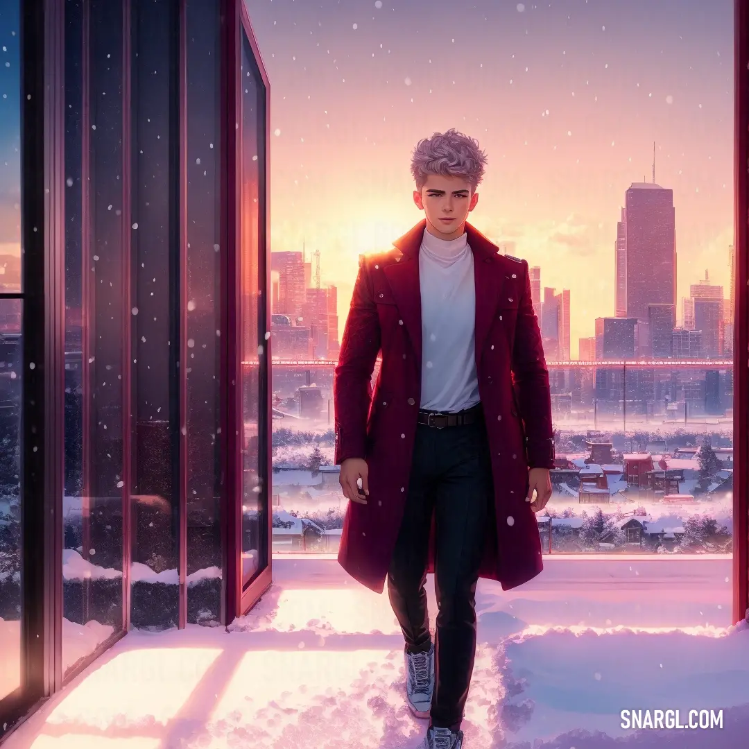 Man in a red coat is walking through a snowy city at sunset with a cityscape in the background
